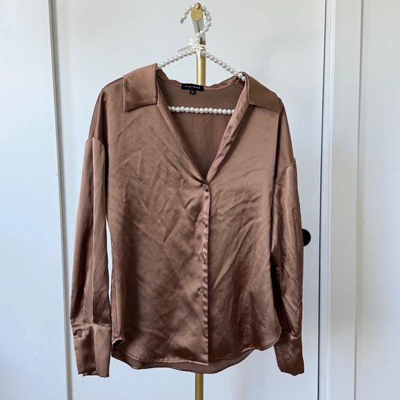 Pleione Satin Button-Down Blouse in Bronze - Picture 7 of 9